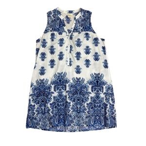 Vintage Blue White Damask Paisley Cotton Sleeveless Shift Dress XL La Cera